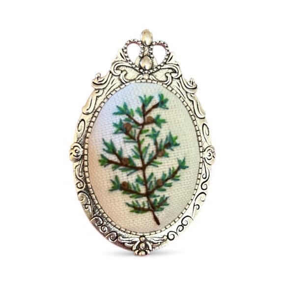 Pine Sprig Embroidery Necklace, Handmade Pendant / Broach - Picture 1 of 3